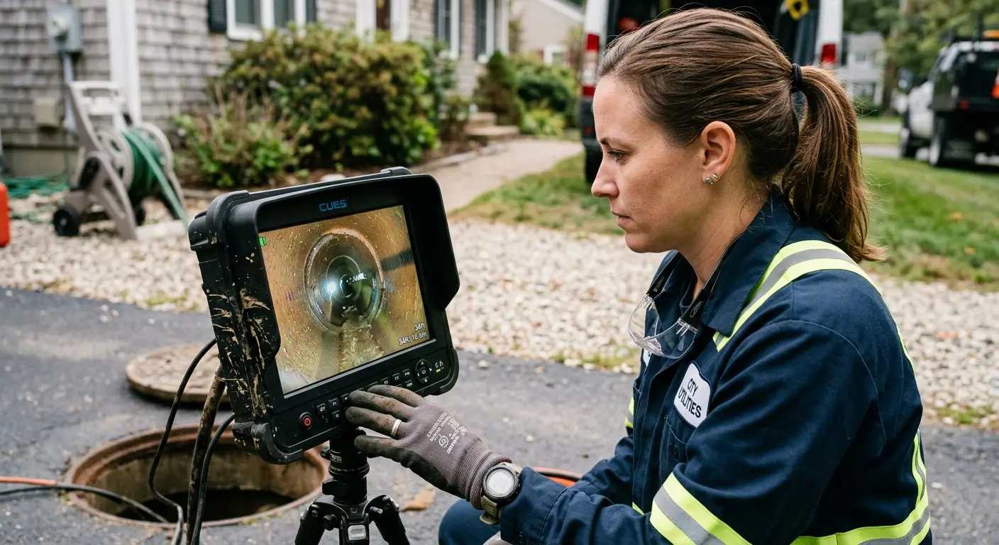Technician reviewing sewer camera inspection footage in Southborough