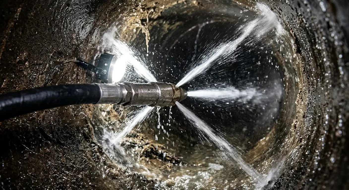 High-pressure hydro jetting nozzle cleaning sewer pipe for Emergency Drain Service in Southborough
