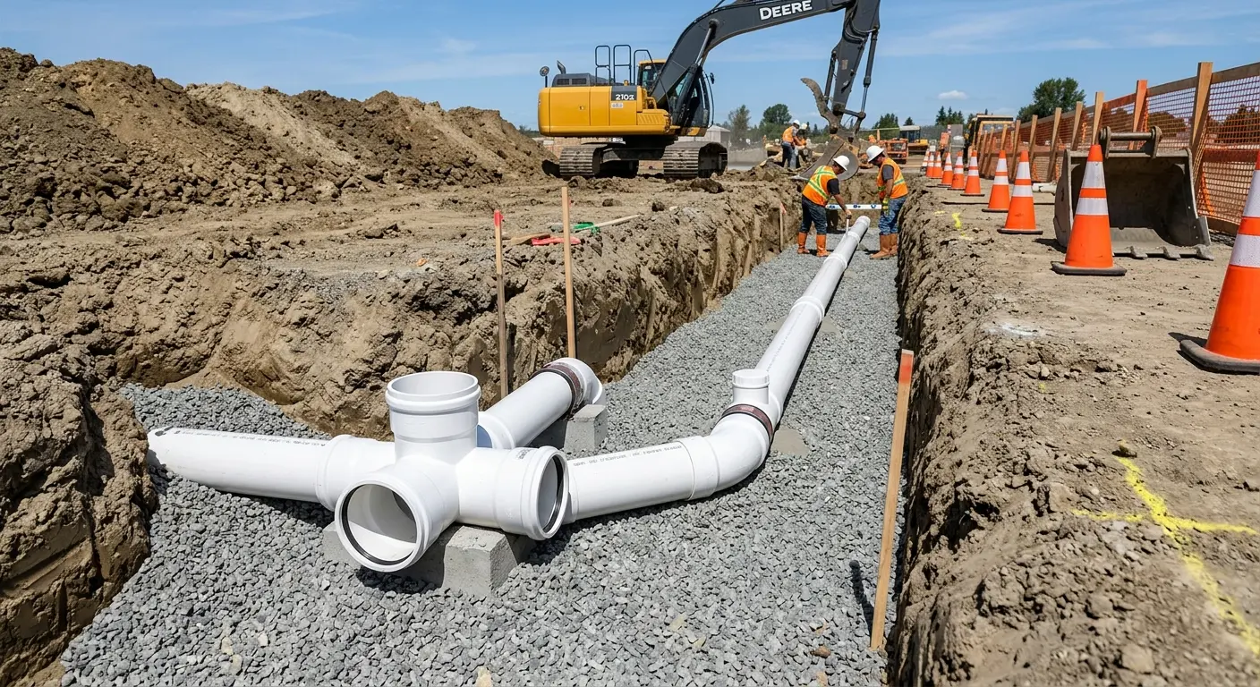 New PVC sewer pipe installation in open trench for Commercial Drain Cleaning in Southborough
