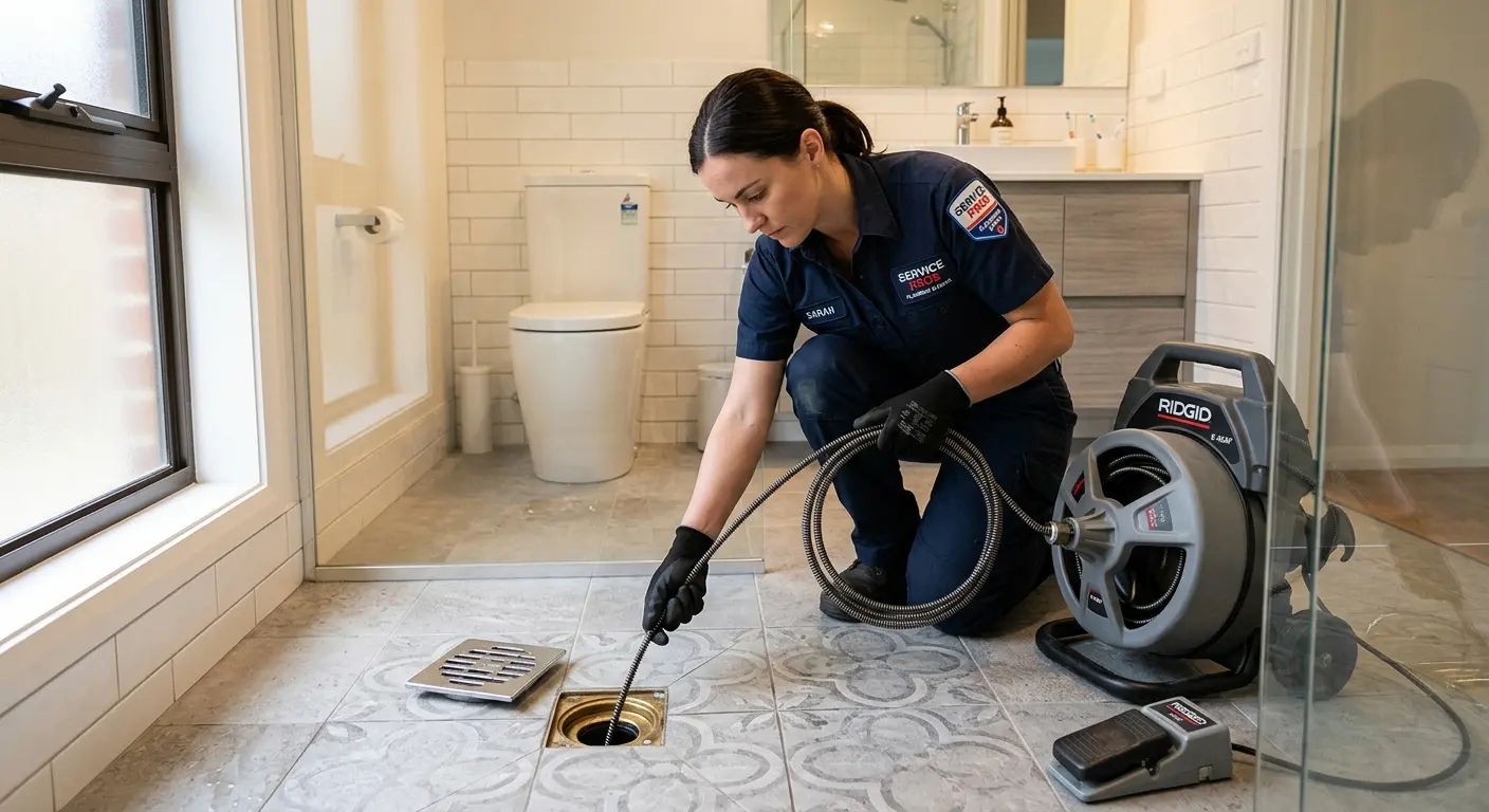 Technician clearing a bathroom floor drain for Hydro Jetting in Southborough